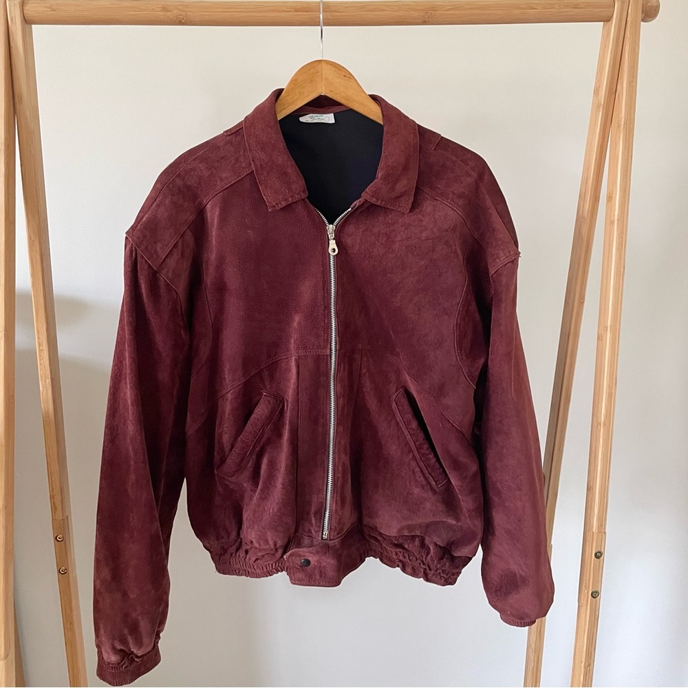 Vintage Suede Leather Bomber Aviator Jacket in Burgundy/Rust